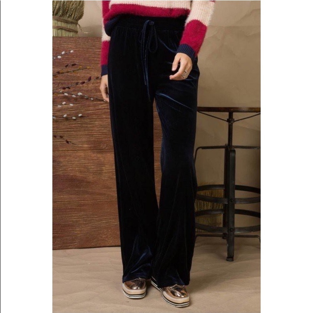 Elastic Waist w Drawstring Tie Front Velour Pants